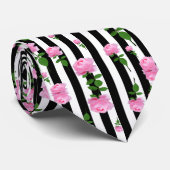 白黒ピンクローズフラワーストライプズライン ネクタイ (ロール)