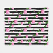 白黒ピンクローズフラワーストライプズライン フリースブランケット (正面(横))