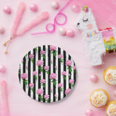 白黒ピンクローズフラワーストライプズライン ペーパープレート (パーティー)