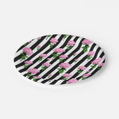 白黒ピンクローズフラワーストライプズライン ペーパープレート (アングル)