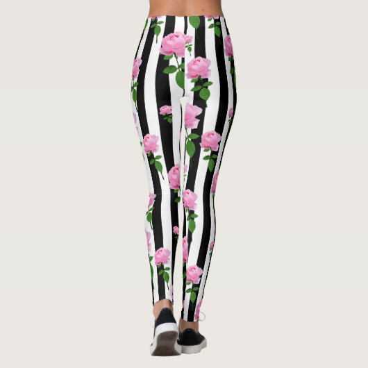 白黒ピンクローズフラワーストライプズライン レギンス (裏面)