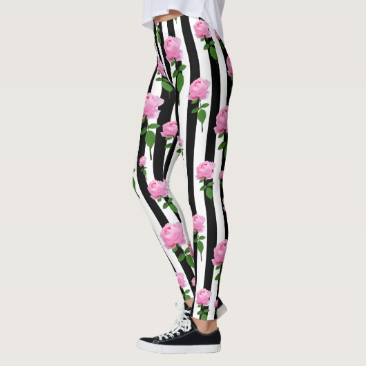 白黒ピンクローズフラワーストライプズライン レギンス (左)