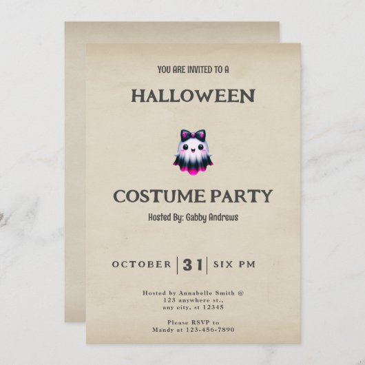 白黒ピンク幽霊スカルヴィンテージハロウィーン 招待状 (正面/裏面)