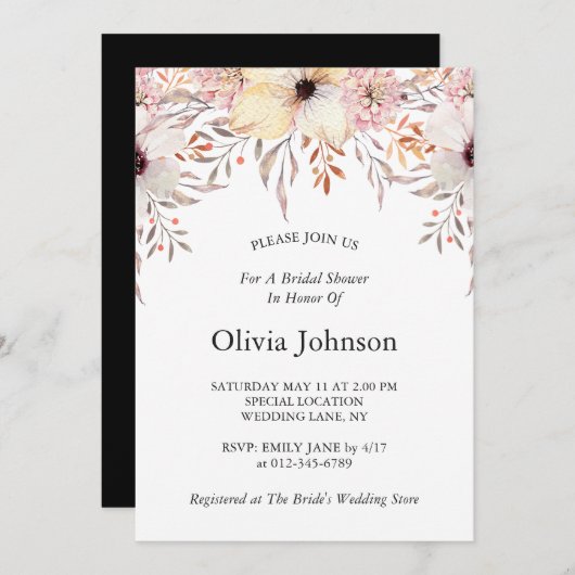 白黒ピンク水彩フローラブライダルシャワー 招待状 (正面/裏面)