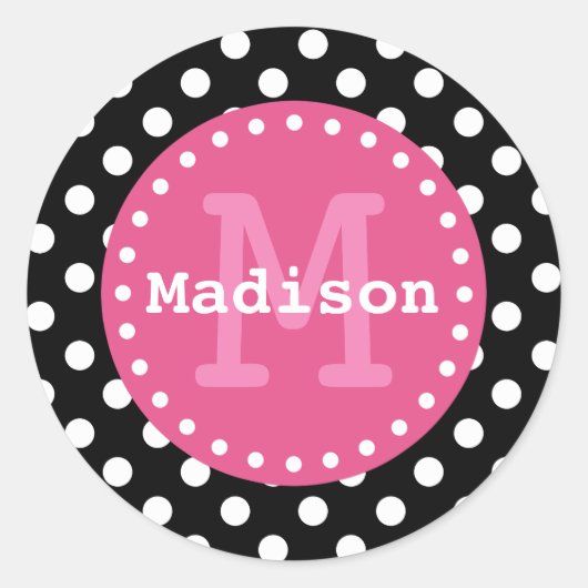 白黒ピンク水玉模様モノグラム ラウンドシール (正面)