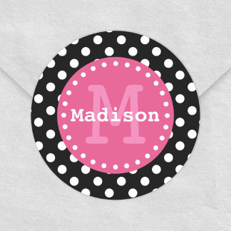 白黒ピンク水玉模様モノグラム ラウンドシール