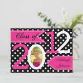 白黒ピンク水玉模様写真卒業招待状 招待状 (スタンド正面)