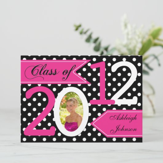 白黒ピンク水玉模様写真卒業招待状 招待状 (スタンド正面)