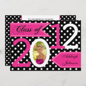 白黒ピンク水玉模様写真卒業招待状 招待状 (正面/裏面)