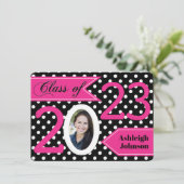 白黒ピンク水玉模様写真卒業招待状 招待状 (スタンド正面)