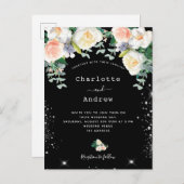 白黒ピンク花模様銀の輝結婚き インビテーションポストカード (正面/裏面)