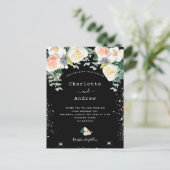 白黒ピンク花模様銀の輝結婚き インビテーションポストカード (スタンド正面)