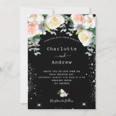 白黒ピンク花模様銀グリッター結婚ズ 招待状 (正面)