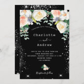 白黒ピンク花模様銀グリッター結婚ズ 招待状 (正面/裏面)