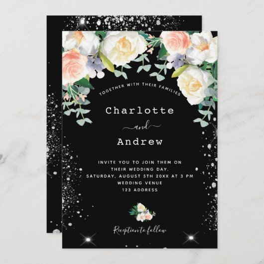 白黒ピンク花模様銀グリッター結婚ズ 招待状 (正面/裏面)