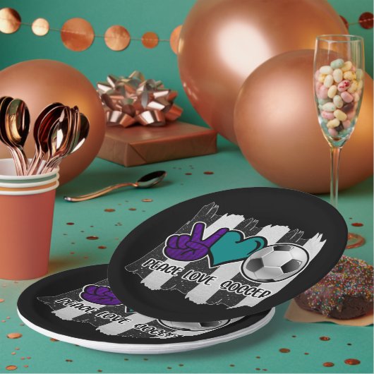 白黒ピースラブストライプのサッカー ペーパープレート (複数)