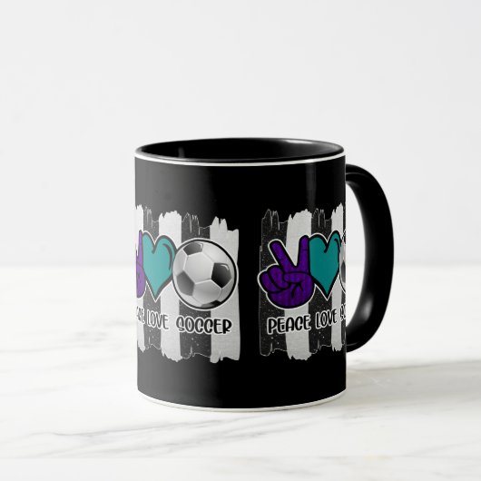 白黒ピースラブストライプのサッカー マグカップ (正面右)