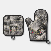 白黒ファミリーフォトコラージュ金ゴールドモノグラム 鍋つかみ&鍋敷きセット (正面)