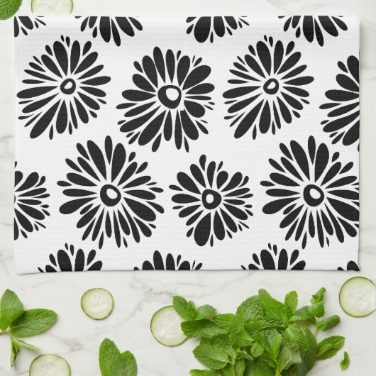 白黒ファンキーフローラ キッチンタオル (折り畳み)