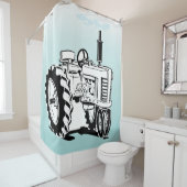 白黒ファームトラクターオンブルー シャワーカーテン (インサイチュ)