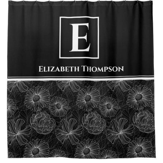白黒ファームハウスモダンモノグラムフローラ シャワーカーテン (正面)