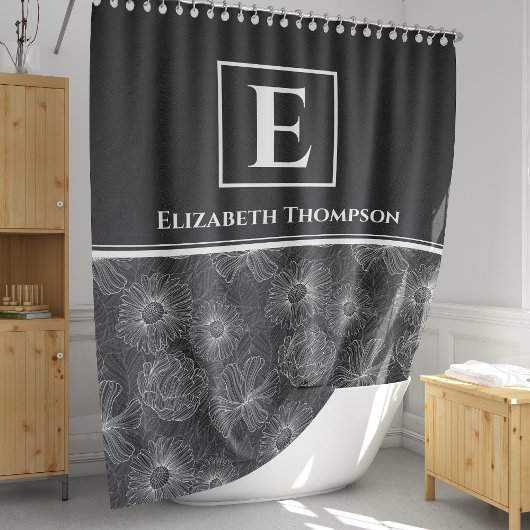 白黒ファームハウスモダンモノグラムフローラ シャワーカーテン