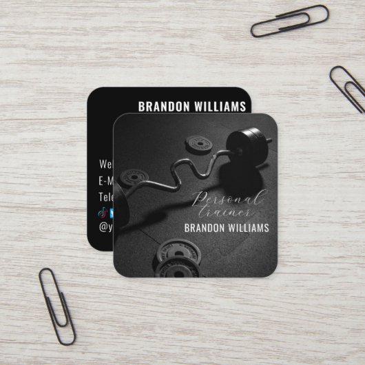 白黒フィットネスパーソナルトレーナー影響器 スクエア名刺 (正面/裏面インサイチュ)