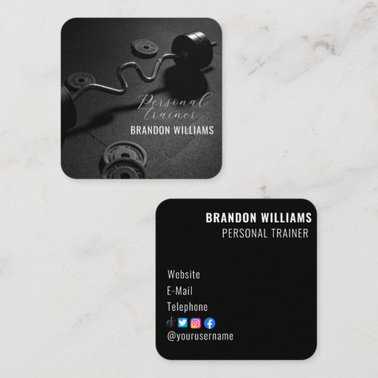 白黒フィットネスパーソナルトレーナー影響器 スクエア名刺 (正面/裏面)