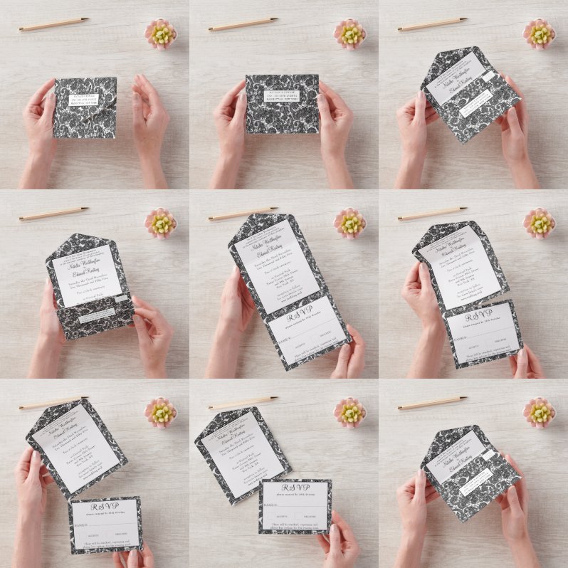白黒フィリグリーペイズリーヘナ結婚式RSVP オールインワン招待状