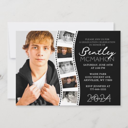 白黒フィルムユニークストリップ6写真卒業 招待状 (正面)