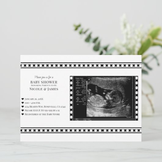 白黒フィルム超音波写真ベビーシャワー 招待状 (スタンド正面)