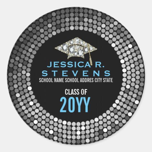 白黒フェイクグリッター卒業帽子 ラウンドシール (正面)