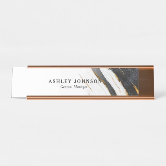白黒フェイクゴールドフォイルマーブルカスタム デスクネームプレート (正面)