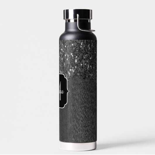 白黒フェイクスパークレス素朴な木モノグラム ウォーターボトル (左面)