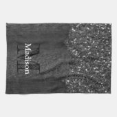 白黒フェイクスパークレス素朴な木モノグラム キッチンタオル (横)