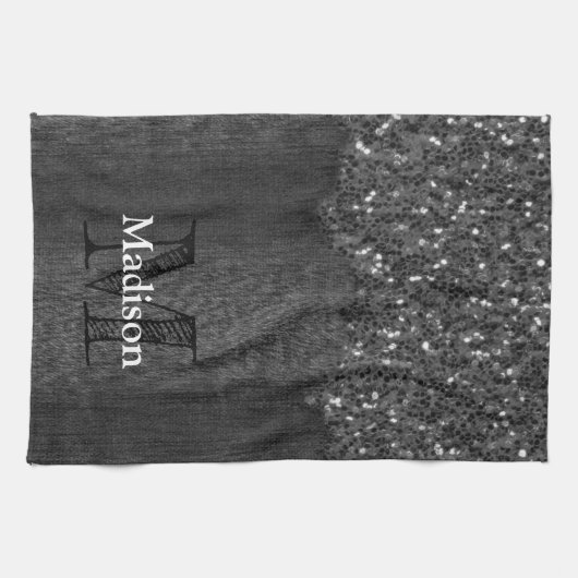 白黒フェイクスパークレス素朴な木モノグラム キッチンタオル (横)