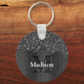 白黒フェイクスパークレス素朴な木モノグラム キーホルダー (裏面)