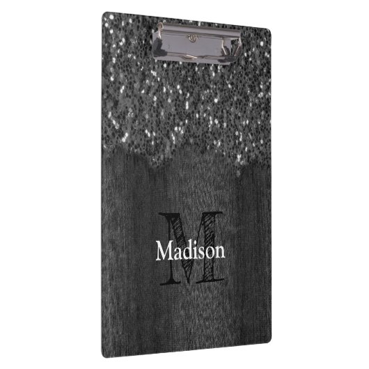 白黒フェイクスパークレス素朴な木モノグラム クリップボード (右)