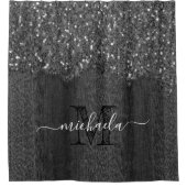 白黒フェイクスパークレス素朴な木モノグラム シャワーカーテン (正面)