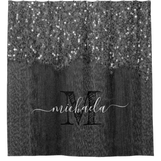 白黒フェイクスパークレス素朴な木モノグラム シャワーカーテン (正面)