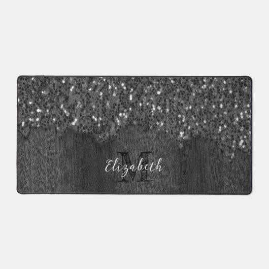 白黒フェイクスパークレス素朴な木モノグラム デスクマット (正面)