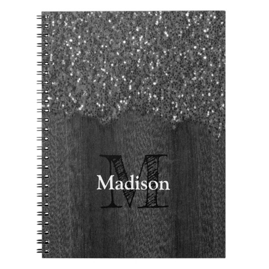 白黒フェイクスパークレス素朴な木モノグラム ノートブック (正面)