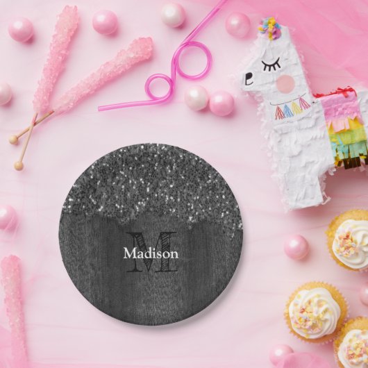 白黒フェイクスパークレス素朴な木モノグラム ペーパープレート (パーティー)