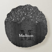 白黒フェイクスパークレス素朴な木モノグラム ラウンドクッション (裏面)