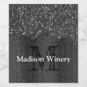 白黒フェイクスパークレス素朴な木モノグラム ワインラベル (シングルラベル)