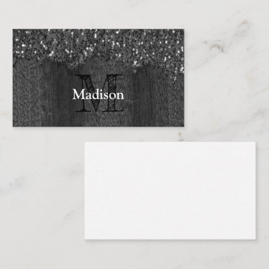 白黒フェイクスパークレス素朴な木モノグラム 名刺 (正面/裏面)