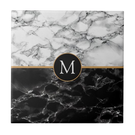 白黒フェイク大理石モノグラム文字タイル タイル (正面)
