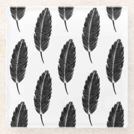 白黒フェザー素朴リノカット ガラスコースター