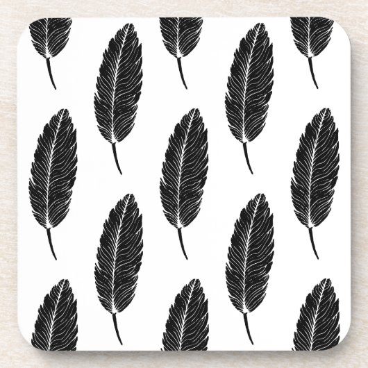 白黒フェザー素朴リノカット コースター (正面)