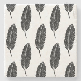 白黒フェザー素朴リノカット ストーンコースター